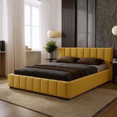 Produktbild von Polsterbett Nero mit Kopfteil, 180x200 cm, Doppelbett mit Bettkasten und Lattenrost aus Holz, Velourstoff: Gelb