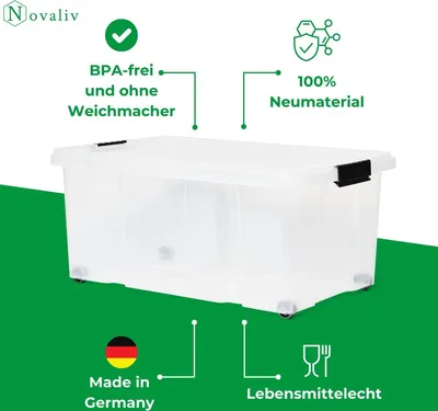Produktbild von Novaliv 2x Aufbewahrungsboxen mit Deckel Groß 45L transparente Nestbar stapelbar mit Clipverschluss Rollboxen Kunststoff BPA-frei 61x40x26 cm