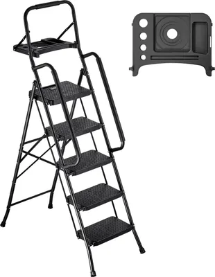 Produktbild von 5-stufige Leiter, klappbarer Tritthocker mit breiter rutschfester Trittfläche, Werkzeugablage, beidseitigen Handläufen, 272 kg Tragkraft, tragbare Stahlleiter, vielseitig einsetzbar in Küche, Haushalt und Büro, schwarz