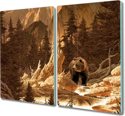 Produktbild von Coloray Herdabdeckplatte 2x30x52 cm Schneidebrett Kochplattenabdeckung Küchenbrett Hackbrett - Bärenbergwald Natur