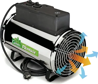 A chrome-plated electric heater with a black control box on top and a fan grill on the front. Arrows indicate airflow.