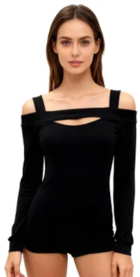 Immagine prodotto di Maglietta da donna con maniche lunghe, spalle scoperte, scollo rotondo, colore puro, maglietta casual per uso quotidiano, nero, XL