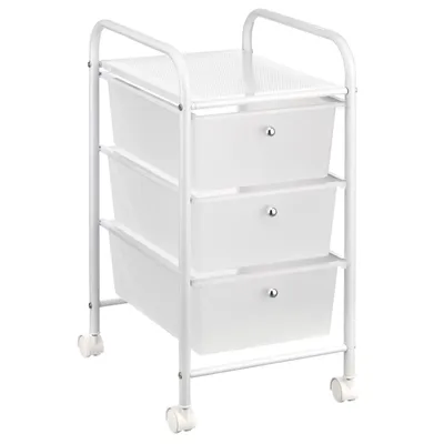 Produktbild von Badregal Rollwagen Rollcontainer GINA, mit 3 transparenten Schubladen und Metallgestell in weiß lackiert