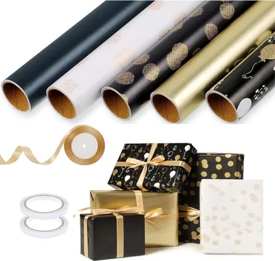 Productafbeelding van Cadeaupapier set, zwart en goud, 5 rollen, 3 meter x 43 cm, geschikt voor kerst en bruiloften