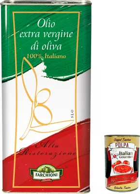 Produktbild von Farchioni Olio Extra Vergine di Oliva Alta Ristorazione Natives Olivenöl extra 5Lt überlegene Kategorie kalte Extraktion Speiseöl + Italian Gourmet polpa 400g