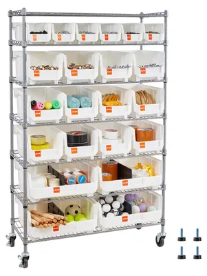 Obrázek produktu pro Stojan VEVOR, skladovací regál s 22 stohovatelnými boxy, knihovna, kuchyňský regál na kolečkách, pojízdný regál na nářadí do garáže, skladu, kanceláře, restaurace, učebny, kuchyně, 355 x 900 x 1490 mm