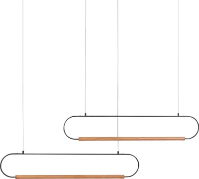 Produktbild von BELIANI Hängeleuchte LED Schwarz Metall 2-Flammig Länglich Oval Geometrisch Holzoptik Lange Kabel Modern Beleuchtung Esszimmer Schlafzimmer Wohnzimmer