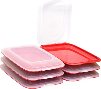 A stack of red and white food storage containers with clear lids.