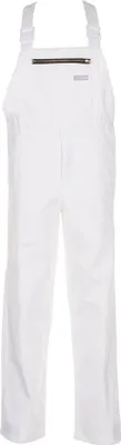 A white pair of overalls is shown against a white background.