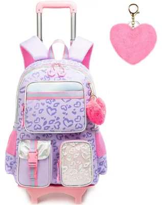 Image de Sac à dos à roulettes pour filles, 5 en 1, idéal pour l'école, les voyages, sac pour ordinateur portable de 17 pouces avec boîte à lunch, couleur violet "Love"