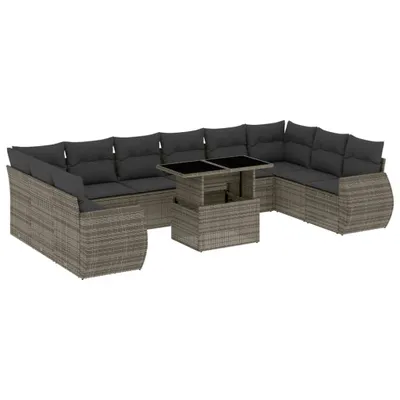 Produktbild von Modulare Garten-Sofagarnitur, 11-teilig mit verstellbarem Tisch, Poly Rattan Grau, UV-beständig, inkl. dunkelgrauen Kissen mit abnehmbaren Bezügen