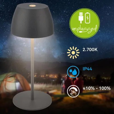 Immagine prodotto di Briloner Serina Mini lampada da tavolo LED senza fili IP44, dimmerabile, touch, protezione dagli spruzzi d'acqua, batteria ricaricabile, antracite, Ø8 x 20 cm