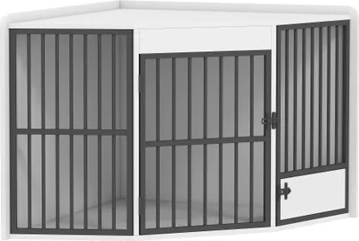 A white corner dog crate with gray metal bars.