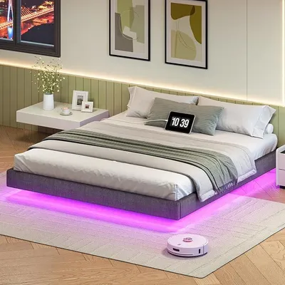 Image de Lit 180 x 200 cm avec station de charge et éclairage LED, lit d'appoint, structure de lit 180 x 200 cm, cadre de lit, lit double, montage facile, pour chambre à coucher, chambre d'amis, gris foncé, modèle EGYZ014CDBF01