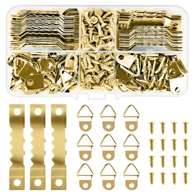 Produktbild von Set mit 460 Aufhängehaken mit Sägezahndesign und Doppelloch, inklusive 240 Schrauben, für Bilderrahmen, Keilrahmen, Uhren, Gemälde und Bastelarbeiten (goldfarben)