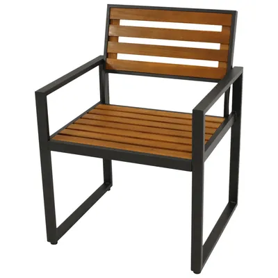 A single outdoor chair with a metal frame and wooden slats.