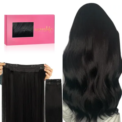 Image de Extensions à clips, cheveux naturels, 50 cm, 140 g, noir naturel, fil invisible