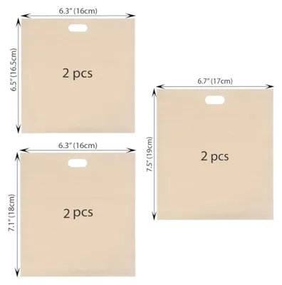 Four beige bags of different sizes are shown against a white background, with dimensions indicated by arrows and text.