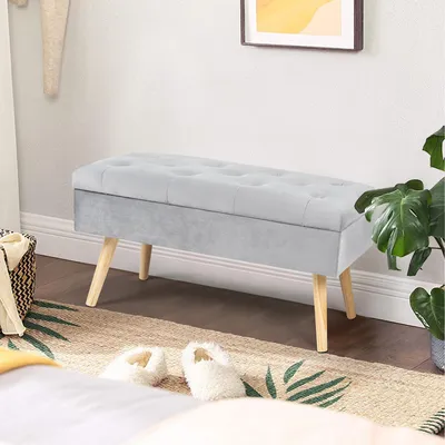 Produktbild von Hawthyhome Polsterbank aus Samt mit Stauraum Sitzbank mit Holzbeinen Grau