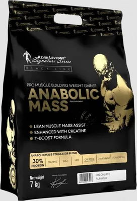 A black bag of Kevin Levrone Anabolic Mass weight gainer supplement with gold lettering and graphics.