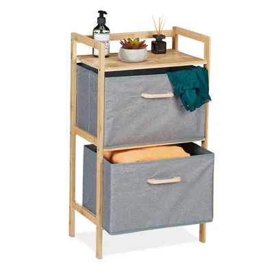 Produktbild von Relaxdays Badregal mit Wäschekörben, 1 offene Ablage & 2 Stoffkörbe, HBT: 76 x 43 x 27 cm, Standregal Bambus, natur/grau