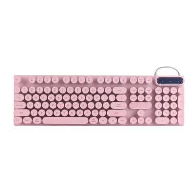 A pink keyboard with round keys and a blue control panel on a white background.