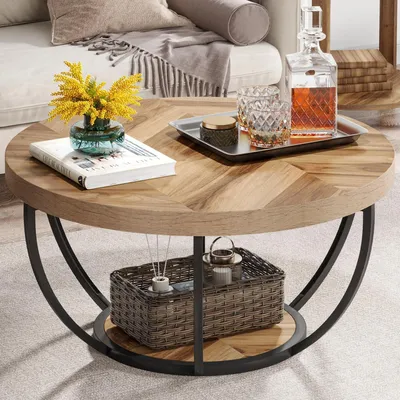 Image de Table basse ronde industrielle, 2 niveaux, imitation bois, métal, 80x80 cm