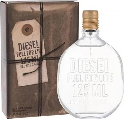 A bottle of Diesel Fuel for Life Homme Eau de Toilette for Men and its packaging.