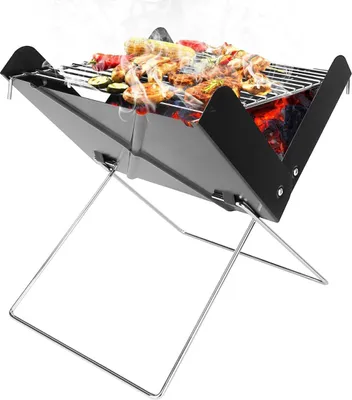 A portable charcoal grill with food cooking on it.