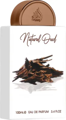 A product shot of a perfume bottle with a cap and an image of oud wood on the front.
