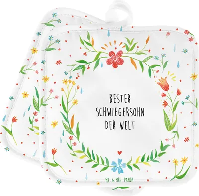 Produktbild von Mr. & Mrs. Panda Topflappen Schwiegersohn - Geschenk, angeheiratet, Dankeschön, Topfuntersetzer, Set, Heirat, topfhalter, Topflappenset, Ehefrau des Sohns, Hochzeit