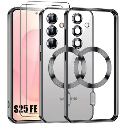Image de Coque + 2 Verres Trempés pour Samsung Galaxy S25 FE avec Anneau Magnétique et Protection Caméra - Noir