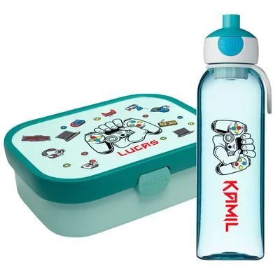 Produktbild von Lunchbox Set für Kinder Jungen zur Schule Personalisiert mit Namen Brotdose Wasserflasche Trinkflasche BPA frei Essen für Unterwegs mit Gabel und Bento Fach To Go Gamer [153]