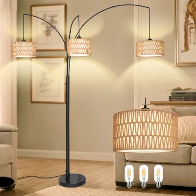 Produktbild von 180cm Stehlampe Bogenlampe Wohnzimmer, 3-Flammige Rattan Standleuchte, LED Leselampe Vintage Stehleuchte mit Drehschalter für Schlafzimmer Büro