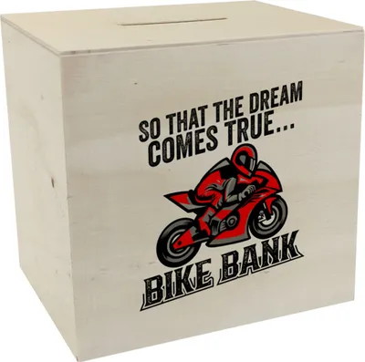 Produktbild von Bike Bank Spardose aus Holz mit Spruch und Motorrad in rot