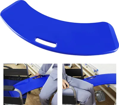 A blue transfer board is shown in a collage with close-ups of it being used to help a person transfer from a wheelchair.