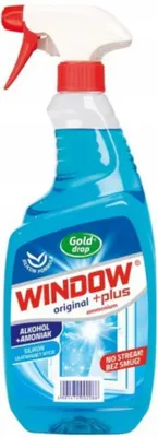 A bottle of window cleaner with a spray nozzle.