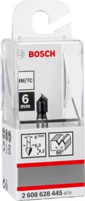 Immagine prodotto di Fresa a V Bosch, 6 mm, D1 6,35 mm, L 9,2 mm, G 48 mm, 90° 2608628445