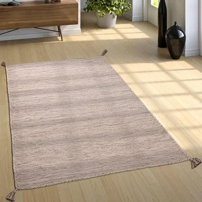Immagine prodotto di Tappeto naturale per soggiorno con frange, kilim moderno tessuto a mano, 100% cotone, dimensioni 200x290 cm