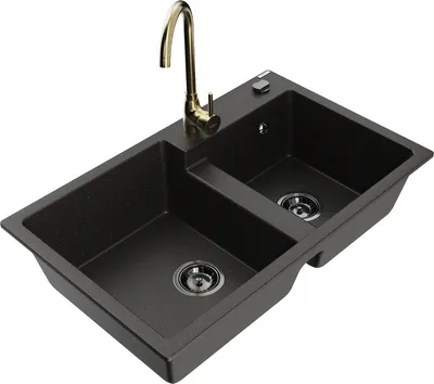Produktbild von Mexen Tomas 2-Becken-Granitspüle mit Mischbatterie Telma, Schwarz/Gold metallisch - 6516-75-670200-50-B