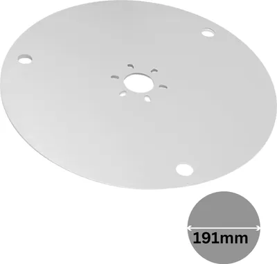 A silver disc with holes, likely a part for a lawnmower robot, with a circular inset showing a measurement.