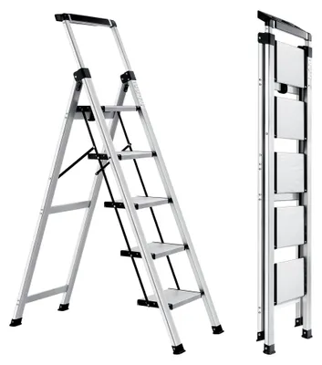 Produktbild von Klappbare 5-Stufen-Leiter aus Aluminium mit Ablageschale und Handlauf, tragbare Stehleiter für Haus und Büro, belastbar bis 150 kg