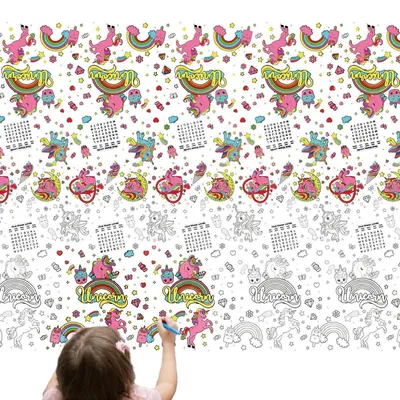 Immagine prodotto di Tovaglia da colorare a tema unicorno, dimensioni 137x274 cm, realizzata in carta interattiva