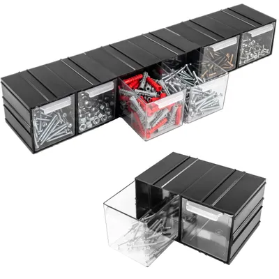 Productafbeelding van Modulaire kast met 6 lades, planken van 69 x 13 cm, soepel uitschuifbaar. Gecombineerde module, transparant