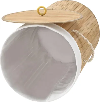 Produktbild von Juskys Bambus Wäschekorb Curly-Round – 55 Liter Volumen – Wäschesammler mit Deckel, Tragegriffen & Stoff Wäschesack – 1 Fach Wäschebox – in Natur
