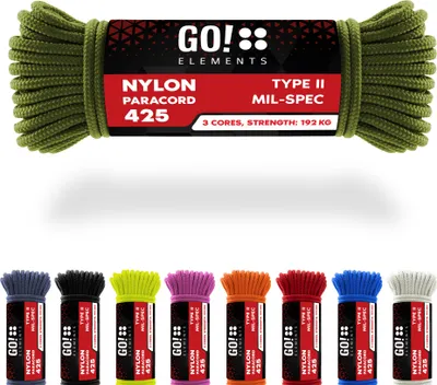 Produktbild von GO!elements 15m Paracord Seil aus reißfestem Nylon - 3mm Paracord 425 Typ II max. 192kg - Schnüre als Outdoor Seil, Allzweckseil, Survival Seil, Armband, Hundeleine, Nylonschnur, Farbe: Oliv