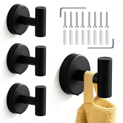 Image de Crochets porte-serviettes à visser, lot de 4, acier inoxydable 304, crochets muraux, crochets de salle de bain à visser, noir, crochets muraux en acier inoxydable, crochets pour peignoirs et serviettes