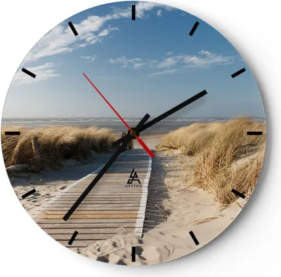 Produktbild von Wanduhr - Rund - Glasuhr - Strand Meer Fußgängerbrücke Ufer - 40x40cm - Schleichendes Uhrwerk - Lautlos - zum Aufhängen bereit - Dekoration Modern - Wanddekoration aus Glas - C3AR40x40-2657