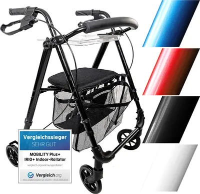 Produktbild von Leichter Indoor Rollator IR10+ Schwarz - Wohnungsrollator schmal & faltbar - inkl. Rückengurt, Netztasche & Tablett - MOBILITY PLUS+