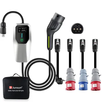 Produktbild von Mobiles Typ 2 Junsun EV Ladegerät 22kW 32A mit 4 Adaptern (22/11/7/3,5 kW), Stromstärke einstellbar 6-32A, 1-10h Lade-Timer, LCD-Display
